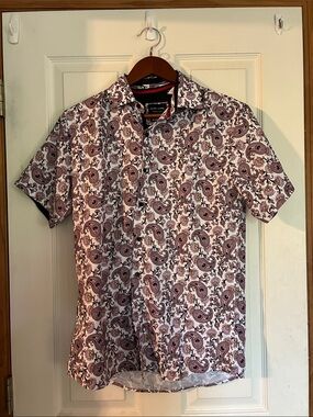 White Short-Sleeve Paisley Button-Down Shirt with Pink Print